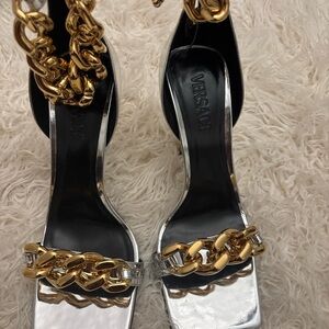 Versace Black and Gold Chain Heels